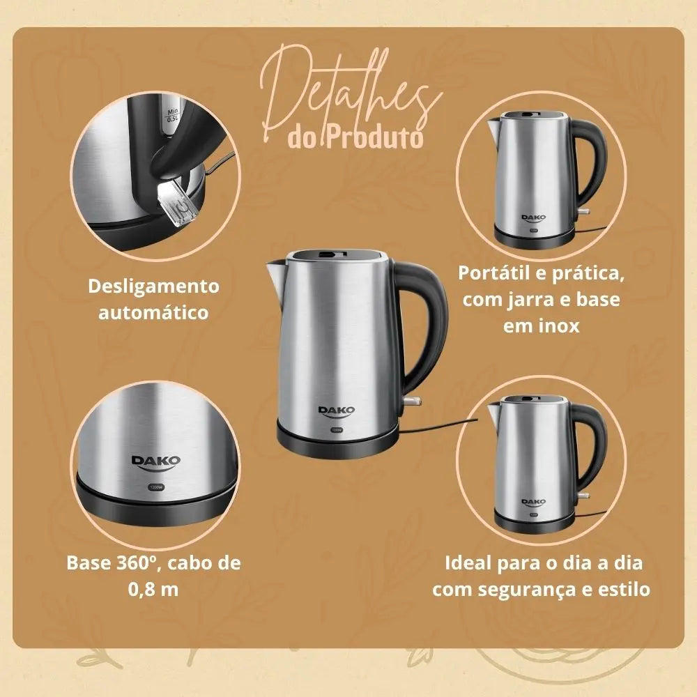 Chaleira Elétrica Dako 1,7L Inox 1200W com Desligamento Automático + Base Giratória 360°