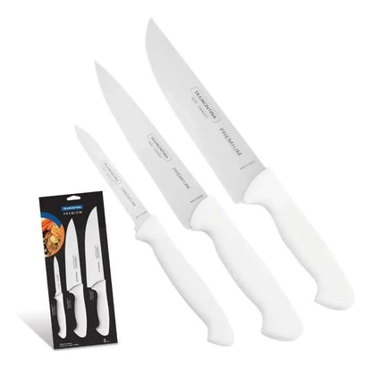Jogo de Facas Tramontina Premium 3 Peças Aço Inox Cabos em Polipropileno Branco