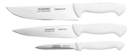Jogo de Facas Tramontina Premium 3 Peças Aço Inox Cabos em Polipropileno Branco