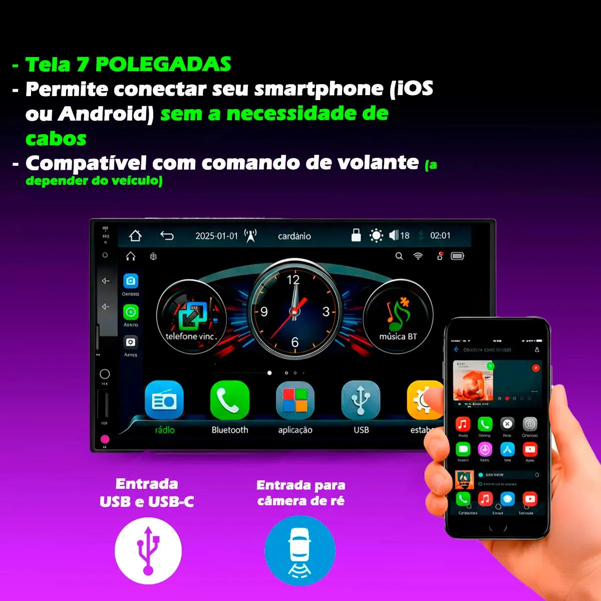 Central Multimídia Roadstar RS7007BR 7CarPlay Android Auto Sem Fio Bluetooth Espelhamento Tela Touch
