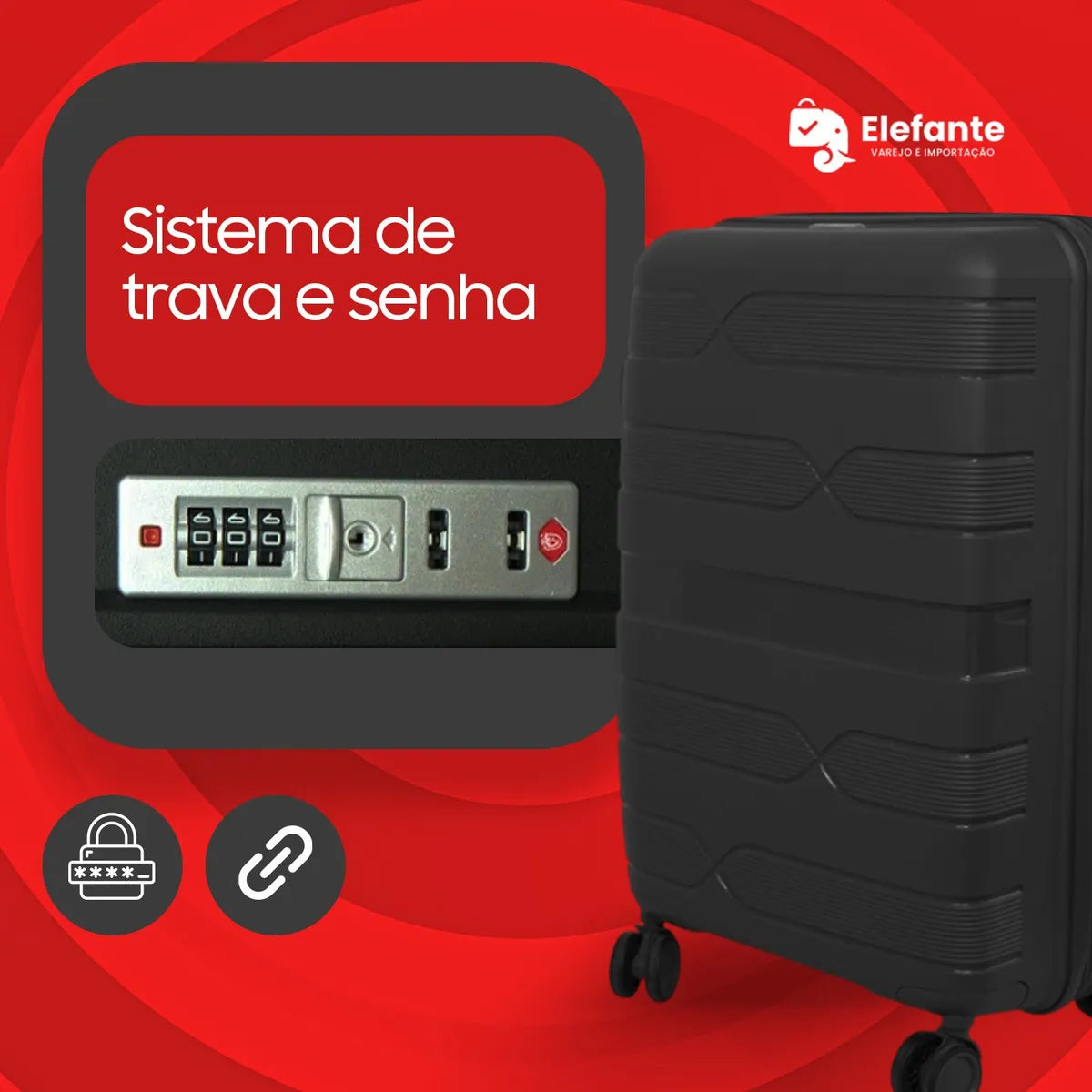 Kit Malas Menat Elefante 10kg+23kg Polipropileno Preto com Cadeado TSA
