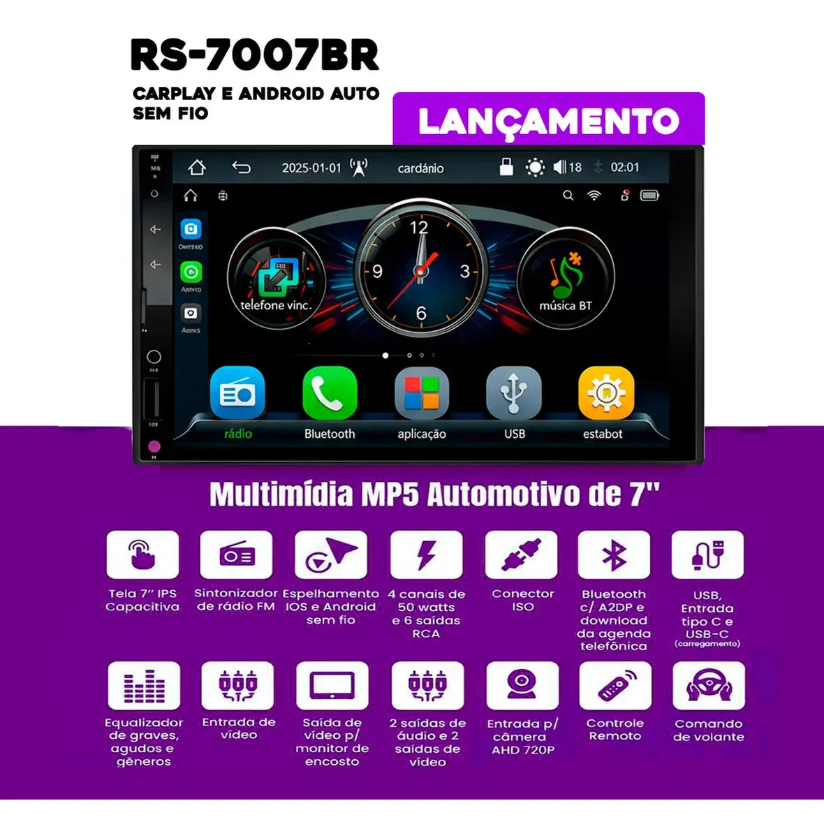 Central Multimídia Roadstar RS7007BR 7CarPlay Android Auto Sem Fio Bluetooth Espelhamento Tela Touch