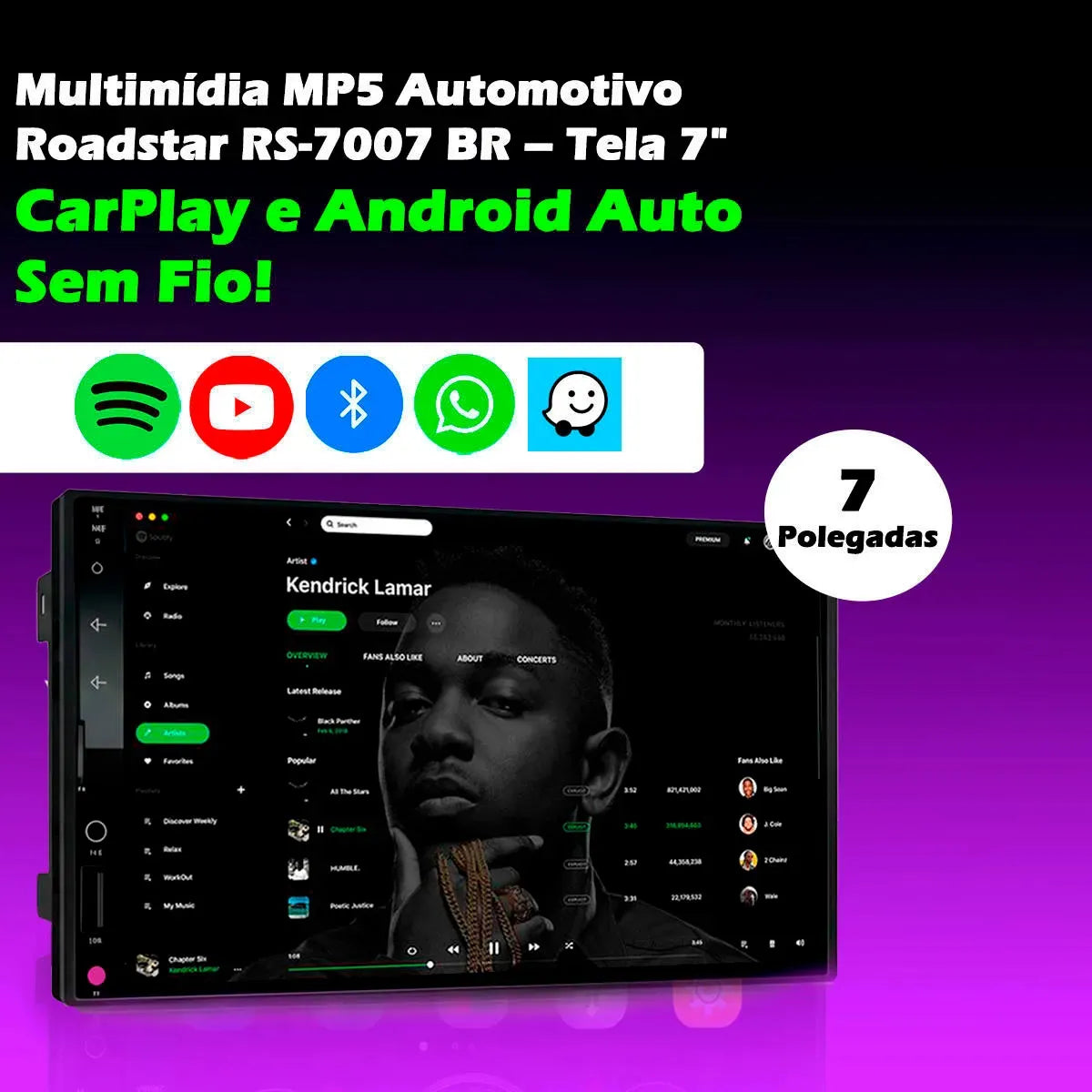 Central Multimídia Roadstar RS7007BR 7CarPlay Android Auto Sem Fio Bluetooth Espelhamento Tela Touch