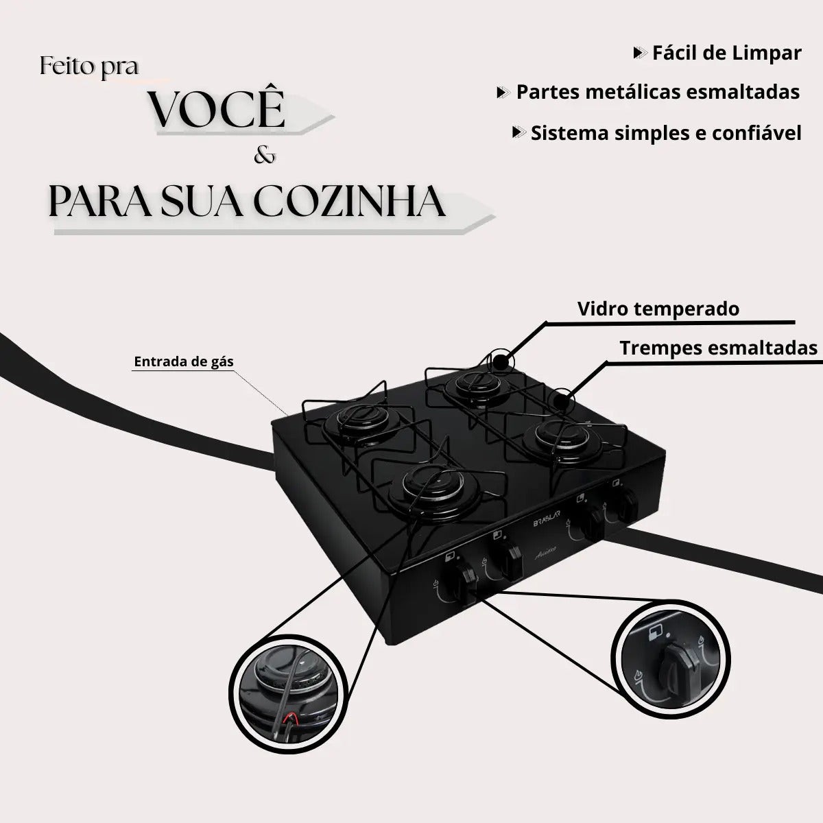 Fogão Asiático Glass 4 Bocas Preto Mesa De Vidro Acendimento Manual