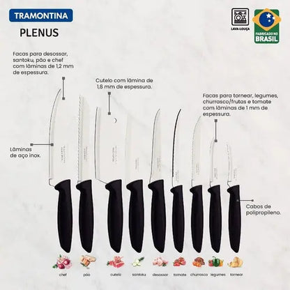 Jogo de Facas Plenus com Lâminas em Aço Inox e Cabos de Polipropileno Preto 9 Peças - Tramontina