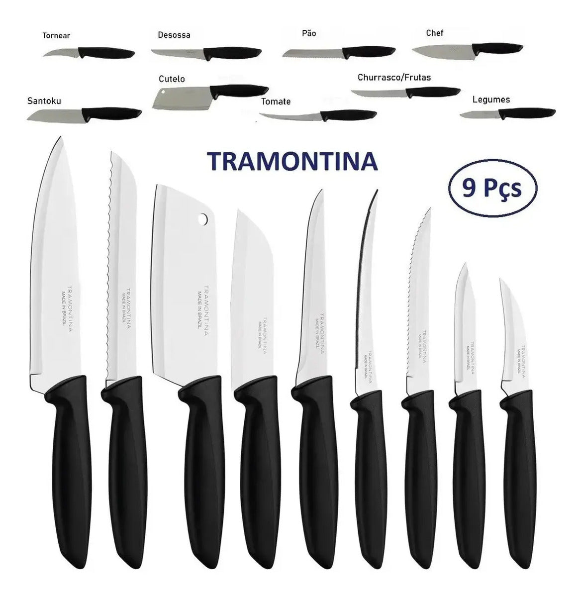 Jogo de Facas Plenus com Lâminas em Aço Inox e Cabos de Polipropileno Preto 9 Peças - Tramontina