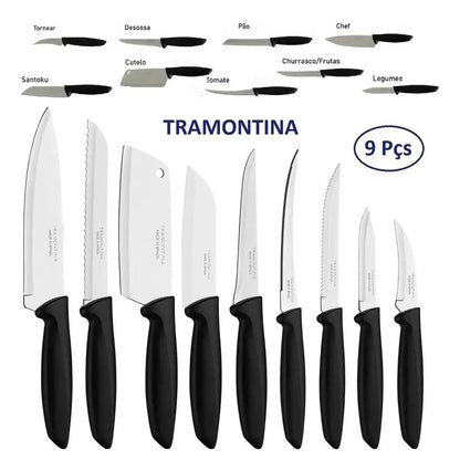 Jogo de Facas Plenus com Lâminas em Aço Inox e Cabos de Polipropileno Preto 9 Peças - Tramontina