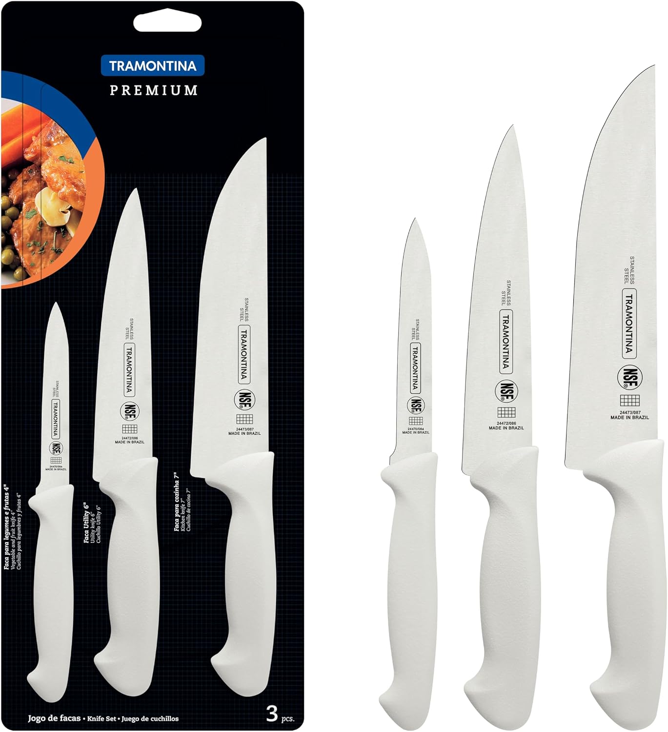 Jogo de Facas Tramontina Premium 3 Peças Aço Inox Cabos em Polipropileno Branco