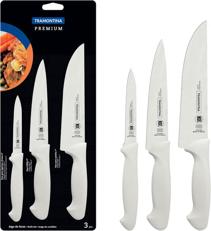 Jogo de Facas Tramontina Premium 3 Peças Aço Inox Cabos em Polipropileno Branco