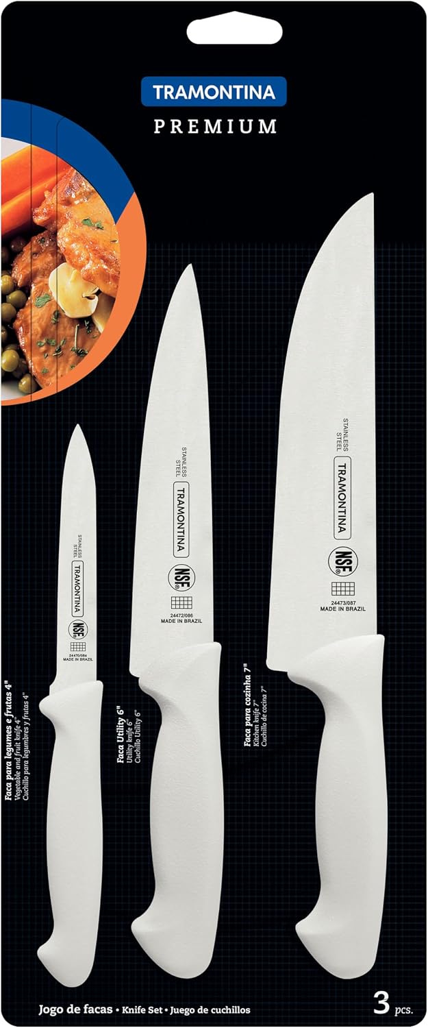 Jogo de Facas Tramontina Premium 3 Peças Aço Inox Cabos em Polipropileno Branco