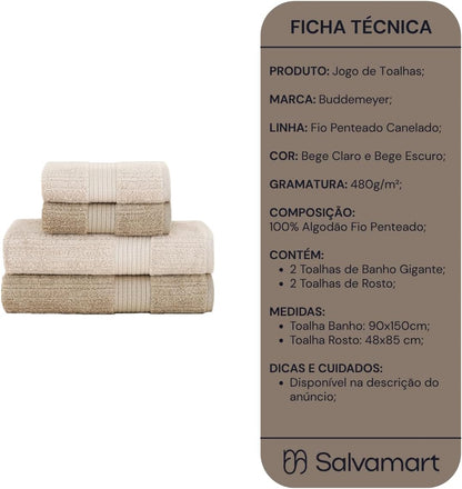 Kit Jogo De Toalhas Buddemeyer 4 Peças Bege Banhão Fio Penteado 100% Algodão