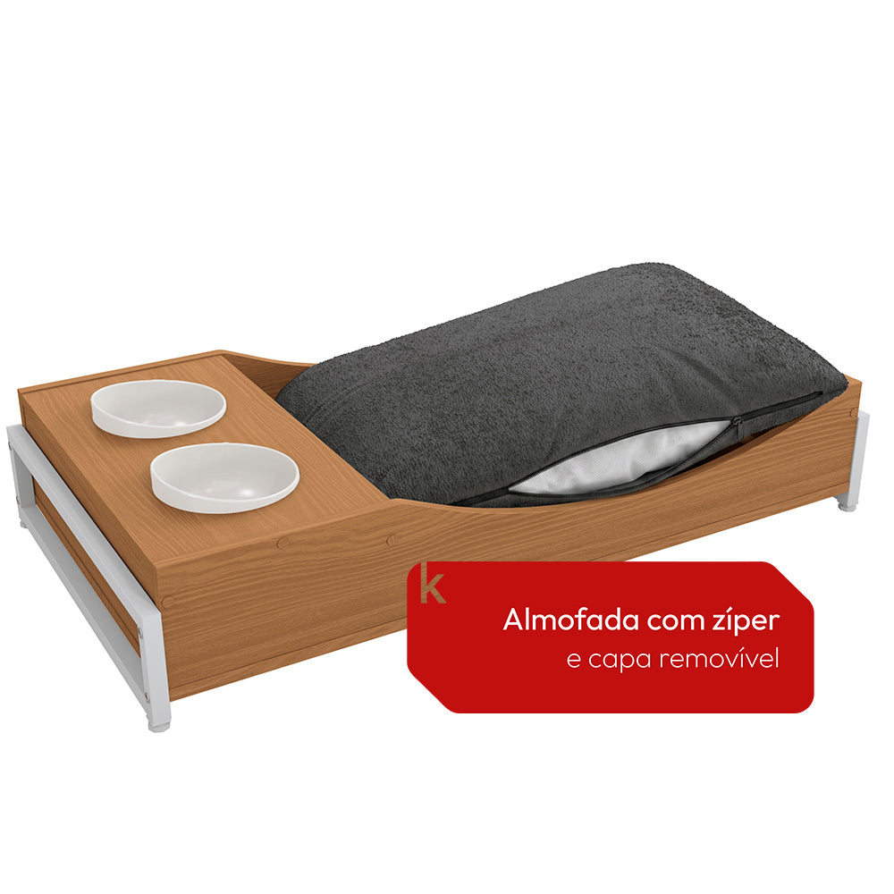 Cama Pet Com Comedouro Canela Branco Para Cães e Gatos