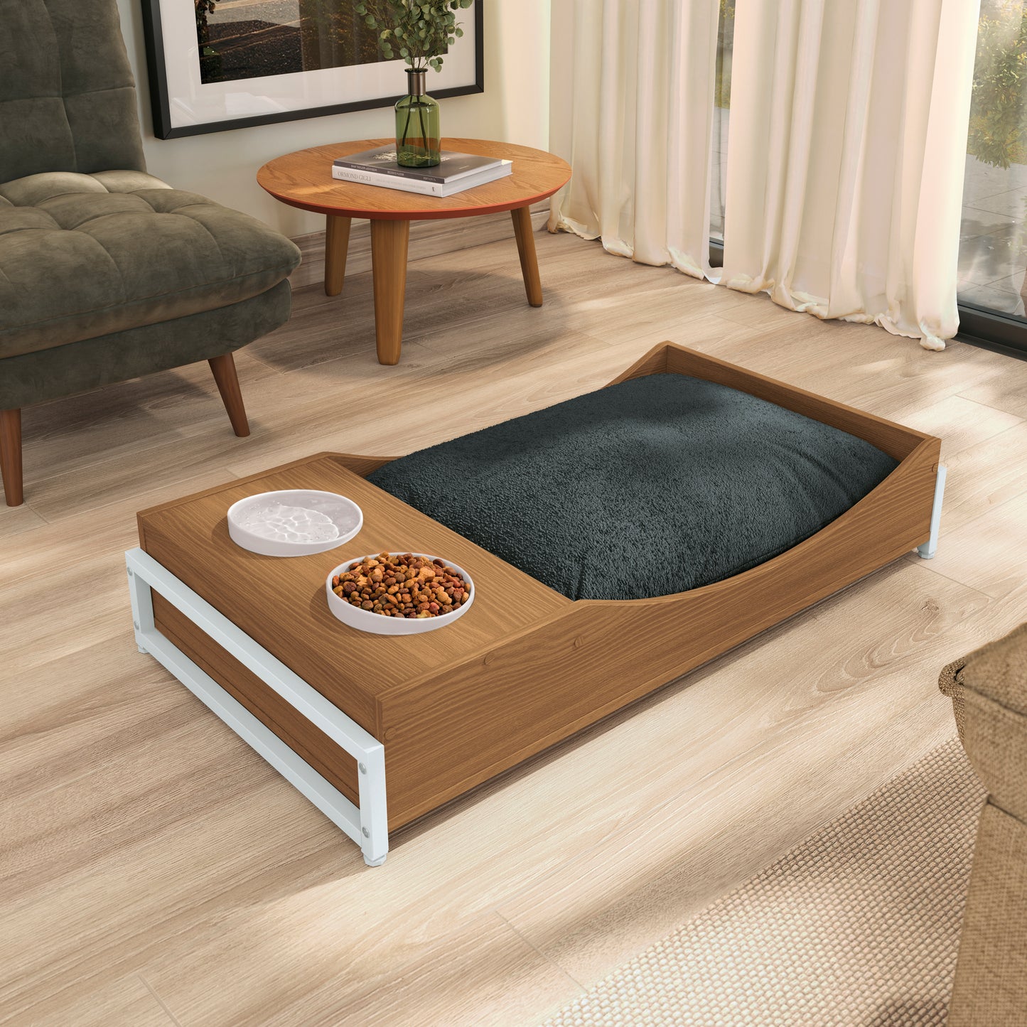 Cama Pet Com Comedouro Canela Branco Para Cães e Gatos