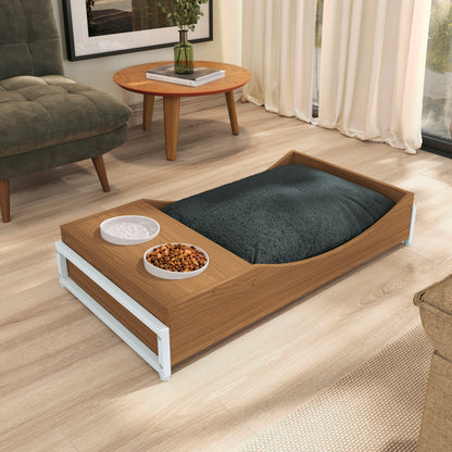 Cama Pet Com Comedouro Canela Branco Para Cães e Gatos
