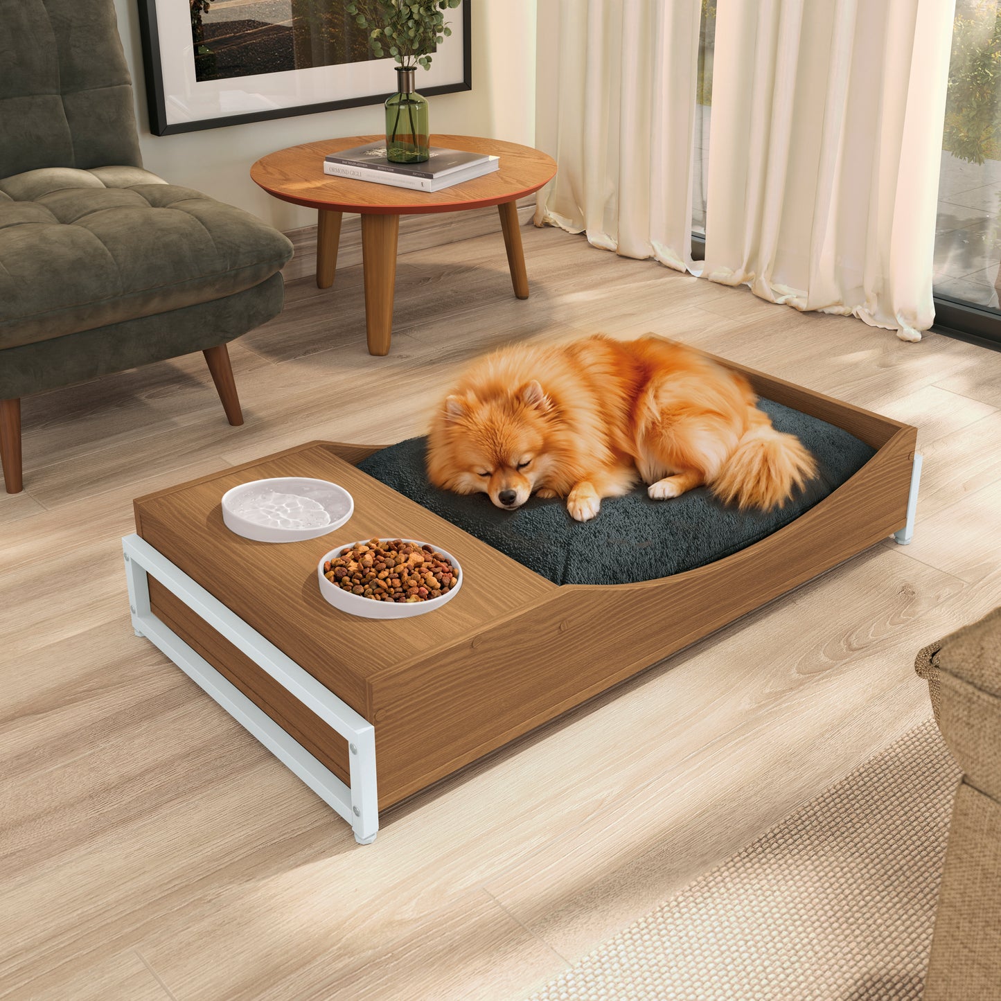Cama Pet Com Comedouro Canela Branco Para Cães e Gatos