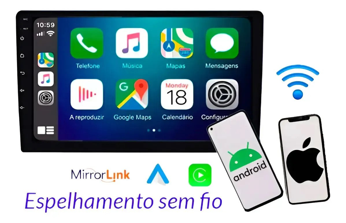 Central Multimídia Roadstar RS7009BR MP5 9 Pol CarPlay Android Auto Sem Fio Bluetooth Espelhamento Tela Touch Rádio FM