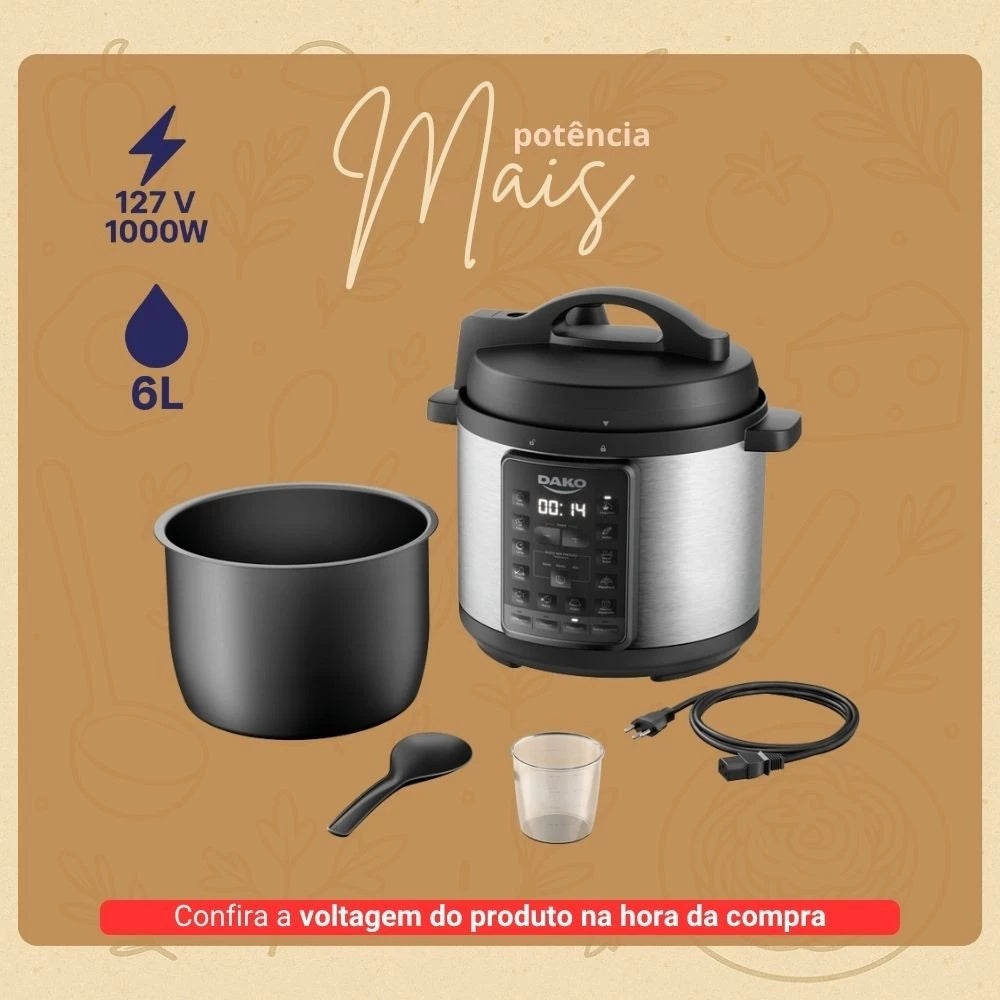 Panela Pressão Elétrica Dako 6L 1000W Multifunções Preta Cor