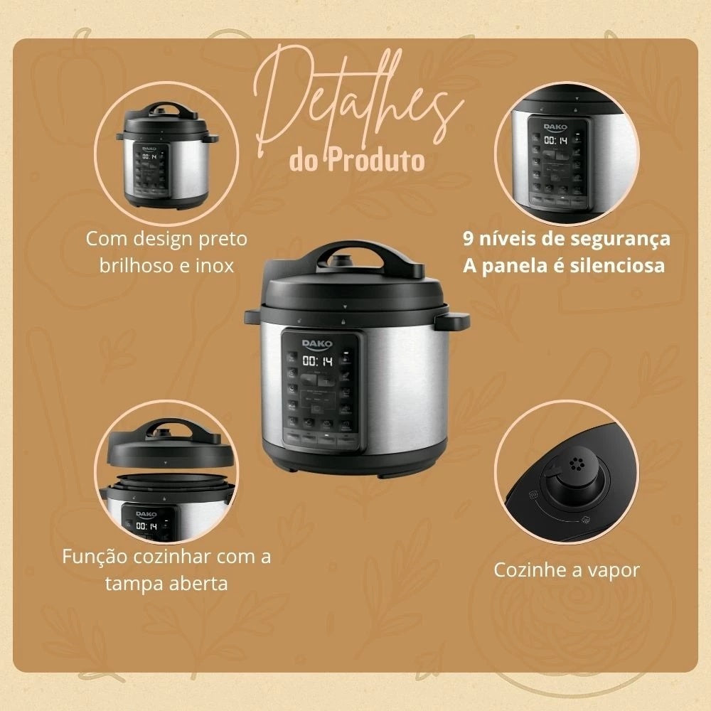 Panela Pressão Elétrica Dako 6L 1000W Multifunções Preta Cor