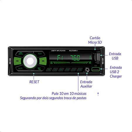 Rádio Automotivo Roadstar RS2724BR Bluetooth USB MP3 FM Auxiliar Som Carro Universal Preto