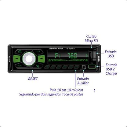 Rádio Automotivo Roadstar RS2724BR Bluetooth USB MP3 FM Auxiliar Som Carro Universal Preto