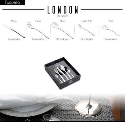 Faqueiro Wolff London 30 Peças em Aço Inox Serve 6 Pessoas