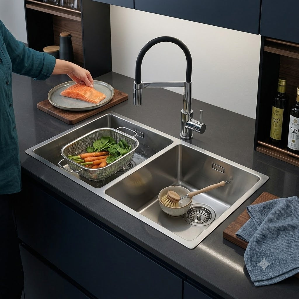 Cuba Dupla Franke Linea FEX 220-40/34 Aço Inox 80x44cm Com Acessórios Embutir ou Sobrepor