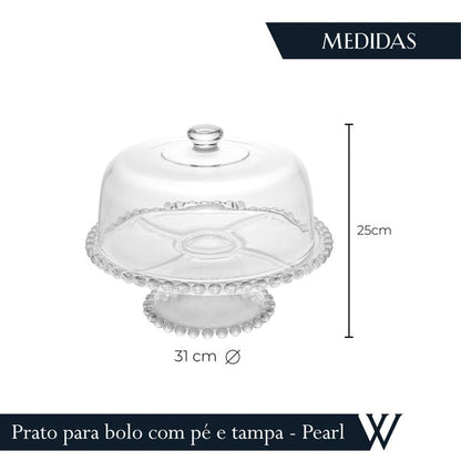 Prato para Bolo com Pé de Cristal e Tampa Pearl 31cm x 25cm - Wolff
