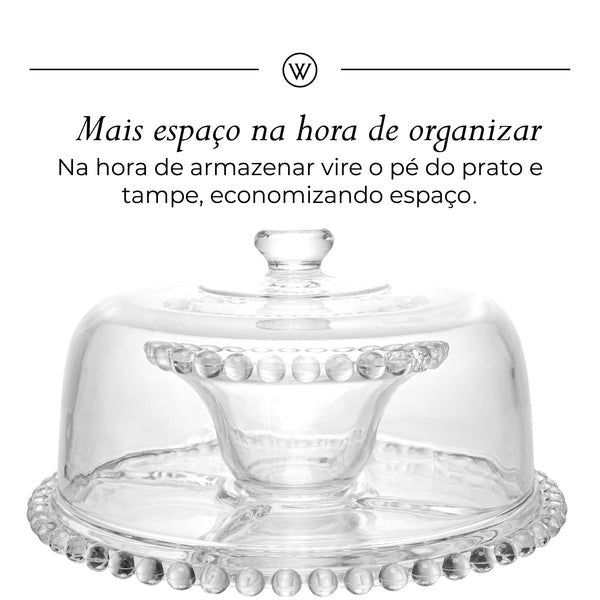 Prato para Bolo com Pé de Cristal e Tampa Pearl 31cm x 25cm - Wolff