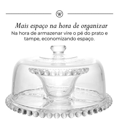 Prato para Bolo com Pé de Cristal e Tampa Pearl 31cm x 25cm - Wolff
