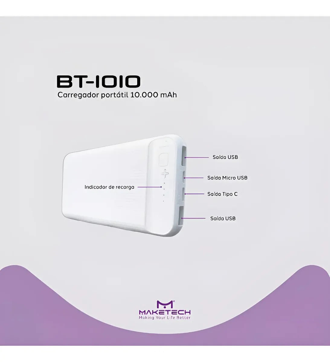 Carregador Portatil 10.000mah Bt-1010 Maketeck Power Bank Branco