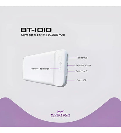 Carregador Portatil 10.000mah Bt-1010 Maketeck Power Bank Branco