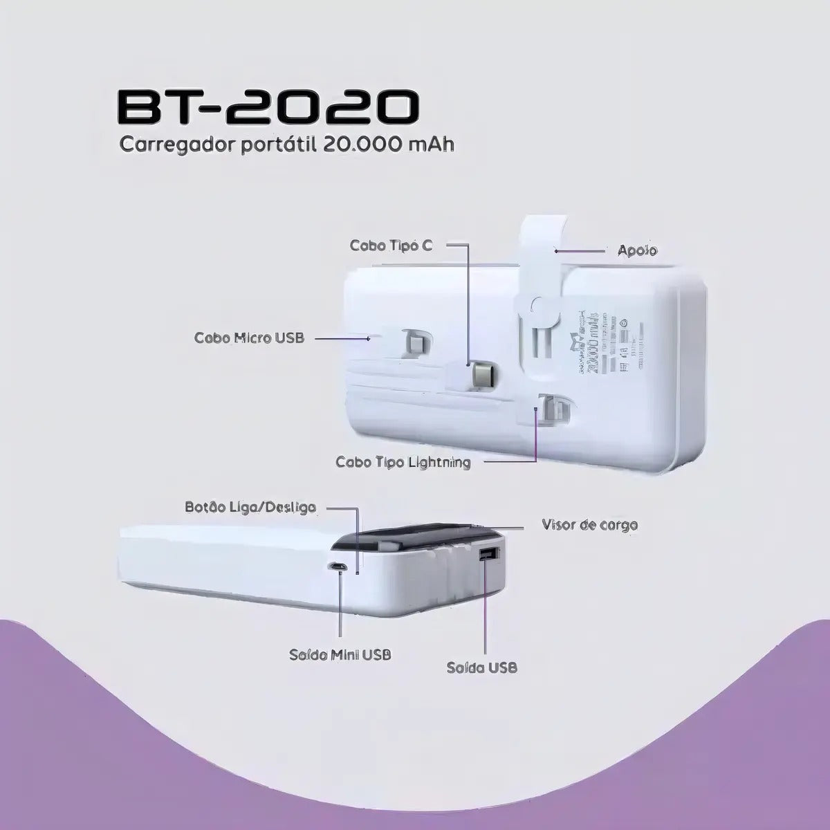 Carregador Portátil Turbo Bt-2020 20.000mah Cor Branco